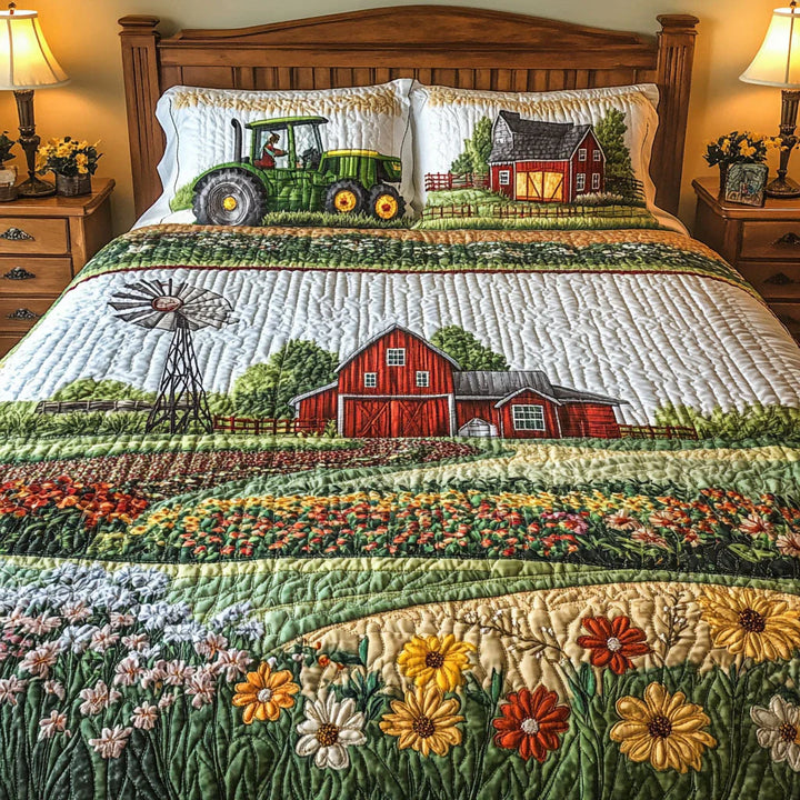 3-Piece Quilted Bedspread Set - Happy Farm