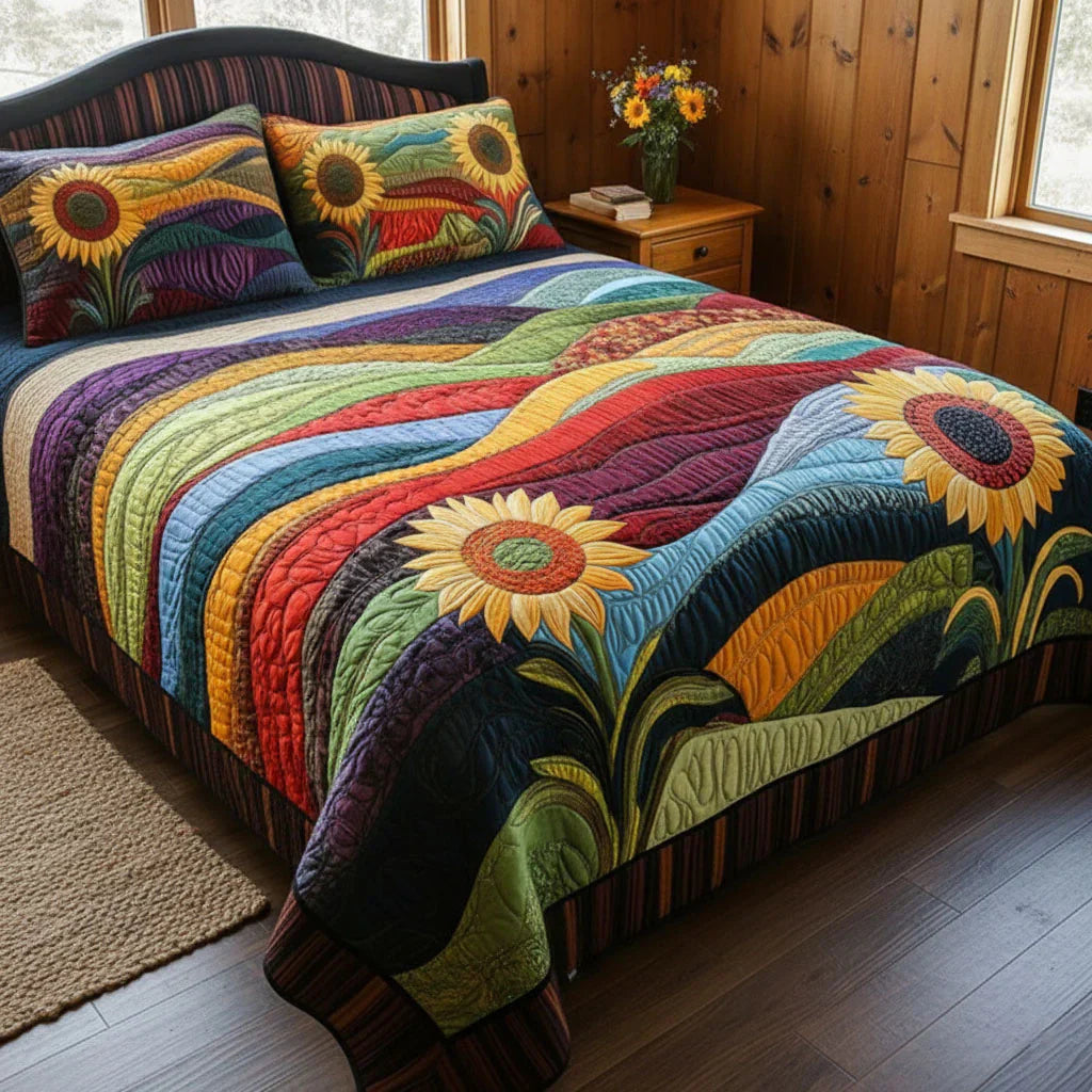 3-Piece Quilted Bedspread Set - Sunflower Field Dreams