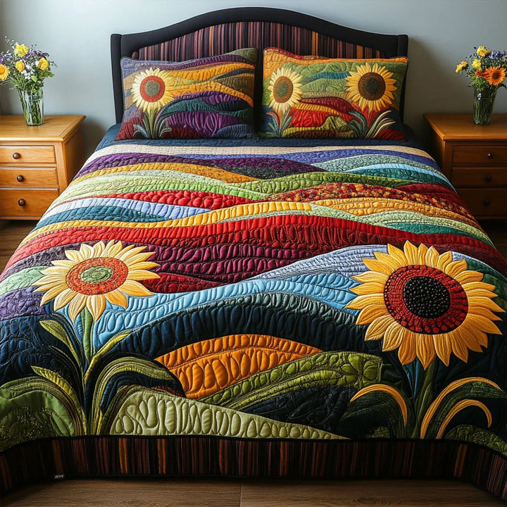 3-Piece Quilted Bedspread Set - Sunflower Field Dreams