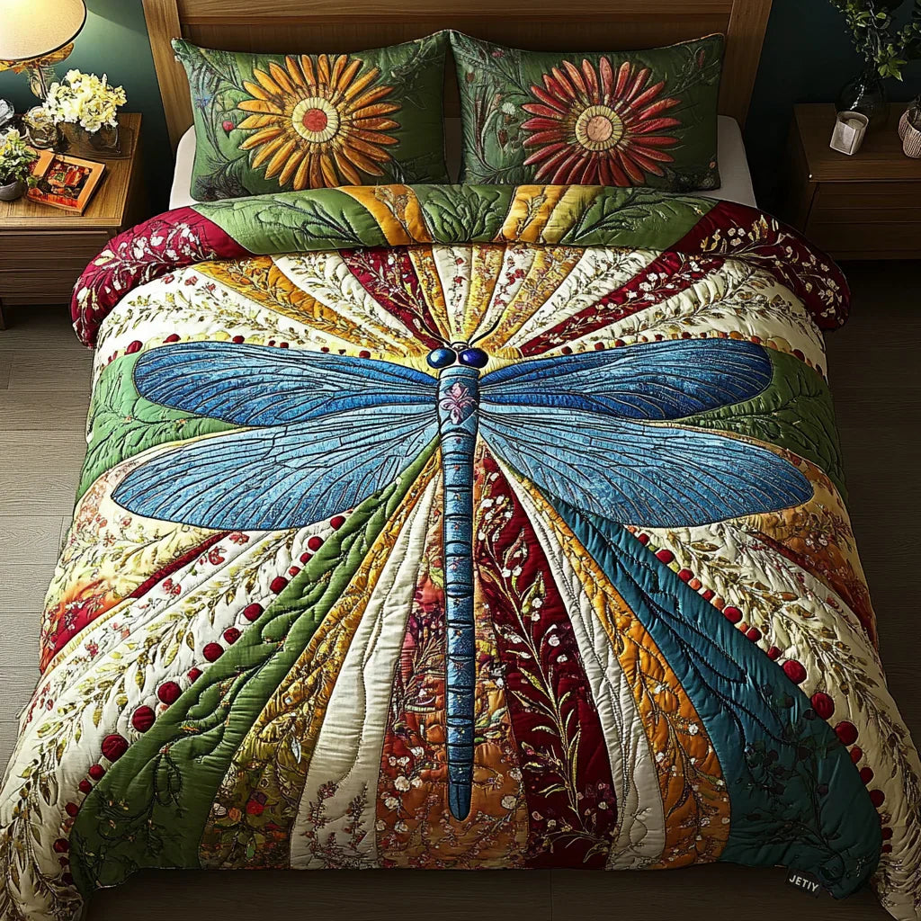 3-Piece Quilted Bedspread Set - Golden Dragonfly