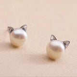 Sterling Silver Cat-Shaped Pearl Earrings
