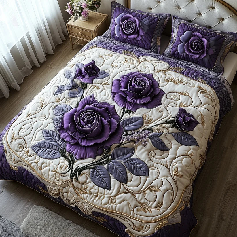 3-Piece Quilted Bedspread Set - Purple & Pink