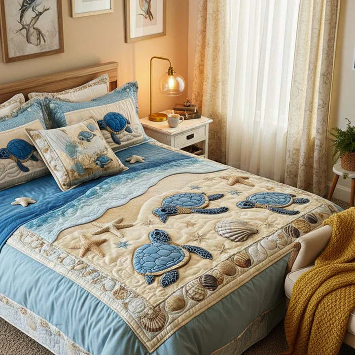 3-Piece Quilted Bedspread Set - Ocean Waves