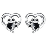 Heart-Shaped Earrings with Paw Print – Silver Earrings with Black Crystal