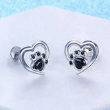 Heart-Shaped Earrings with Paw Print – Silver Earrings with Black Crystal