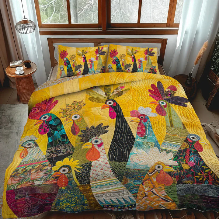 3-Piece Quilted Bedspread Set - Roosters of Dawn