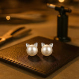 Sterling Silver Cat-Shaped Pearl Earrings